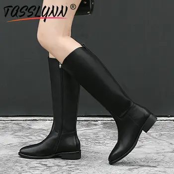 

TASSLYNN 2019 New Winter Boots Zipper Women Knee-high Boots Solid Western Style Shoes Square Low Heels Shoes Sewing Boots 34-39