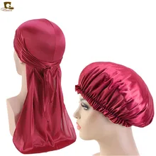 

New Unisex silky durag and bonnet 2pcs set men durag and women hair bonnet cap Comfortable Sleeping Cap Doo Du Rag Long Tail