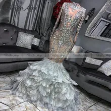 Блестящее платье русалки с кристаллами, серебристо-черное платье для выпускного вечера для девочек, с рукавами, с перьевым шлейфом, африканские торжественные платья, выпускное торжественное платье