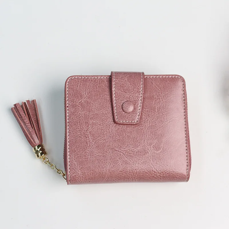 AW женский элегантный кошелек на молнии с кисточками винтажный коровий кожаный, с кнопкой застежка-молния короткий кошелек с кисточкой для кредитных карт держатель - Цвет: Розовый