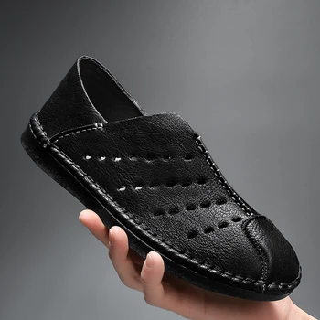 

Leather Casual Sandals Handmade Size 38-44 Hole Shoes Beach Sneaker Men Summer Loafers Slip-On Breathable Fur Shoes %