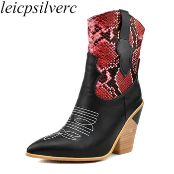 

Women Boots Autumn Winter Super High Heel Pointed Toe Ankle Embroidered Pu Slip on Mixed-colors 2019 Sexy New Fashion Blue Red