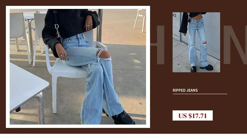 High Waist Jeans For Women Blue Straight Ripped Pants Full Length Knee Hole Jeans Mom Wide Leg Pants Loose Streetwear Trousers flare jeans