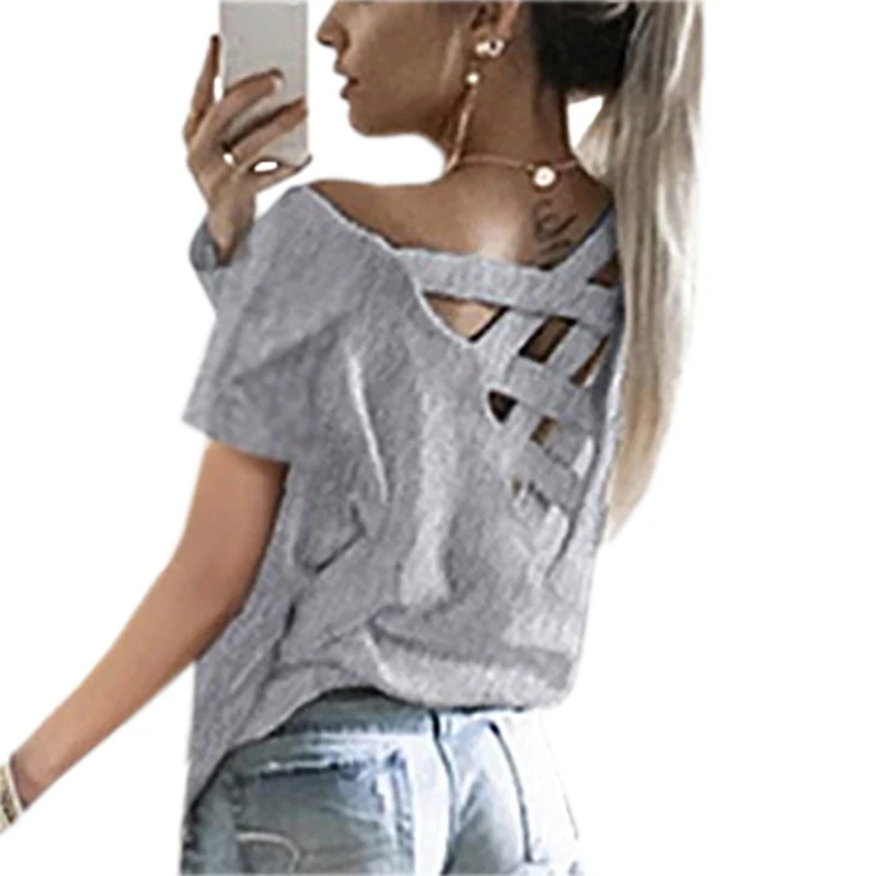 Женская Сексуальная футболка с открытой спиной ажурная сетчатая бандажная топы