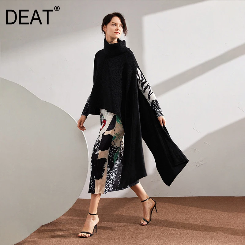 DEAT Pleated T Shirt Women Pullover Irregular Long Length Solid High Street Wild Elegant Thick 2021 Autumn Fashion HT335 | Женская