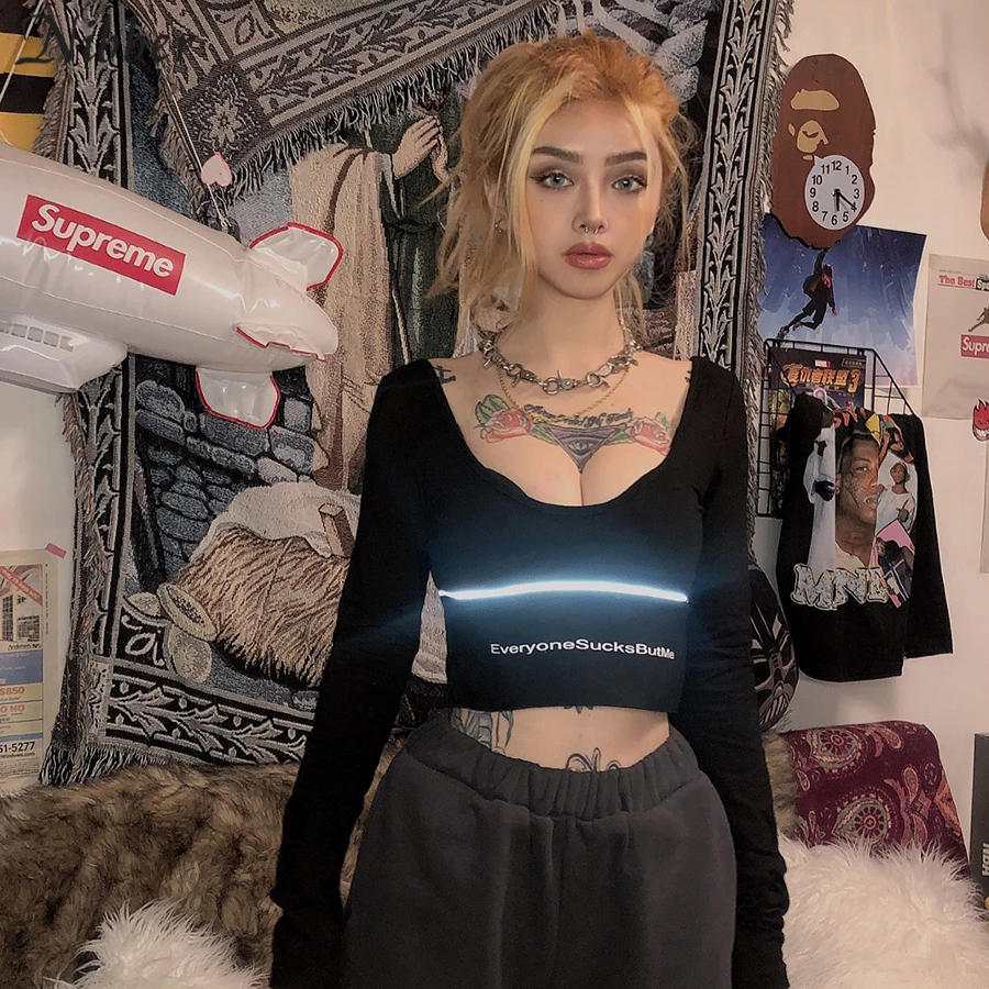 

NIBBER solid color long- sleeve knitting Reflective crop tops women 2019autumn winter patchwork stretch street casual tee shirt