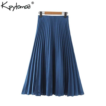 

Vintage Elegant Solid Pleated Midi Skirt Women 2020 Fashion A Line Side Zipper Elastic Waist Skirts Casual Faldas Mujer