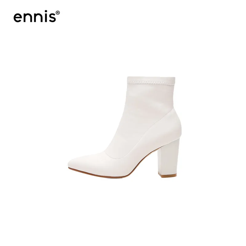 ENNIS/брендовые Стрейчевые ботинки из микрофибры ботинки на высоком каблуке женские ботильоны с острым носком Осенняя модная обувь Новинка; цвет белый, черный; A9187 - Цвет: White