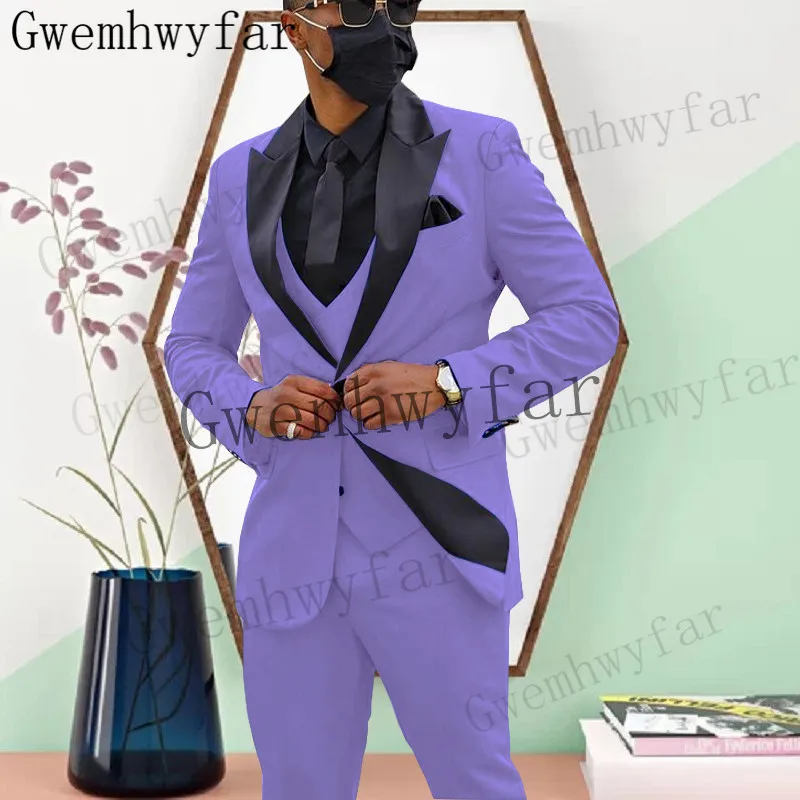 

Gwenhwyfar 2023 мужские свадебные костюмы, фиолетовый с черным воротником, смокинг, 3 предмета, костюмы для мужчин (пиджак + жилет + брюки)