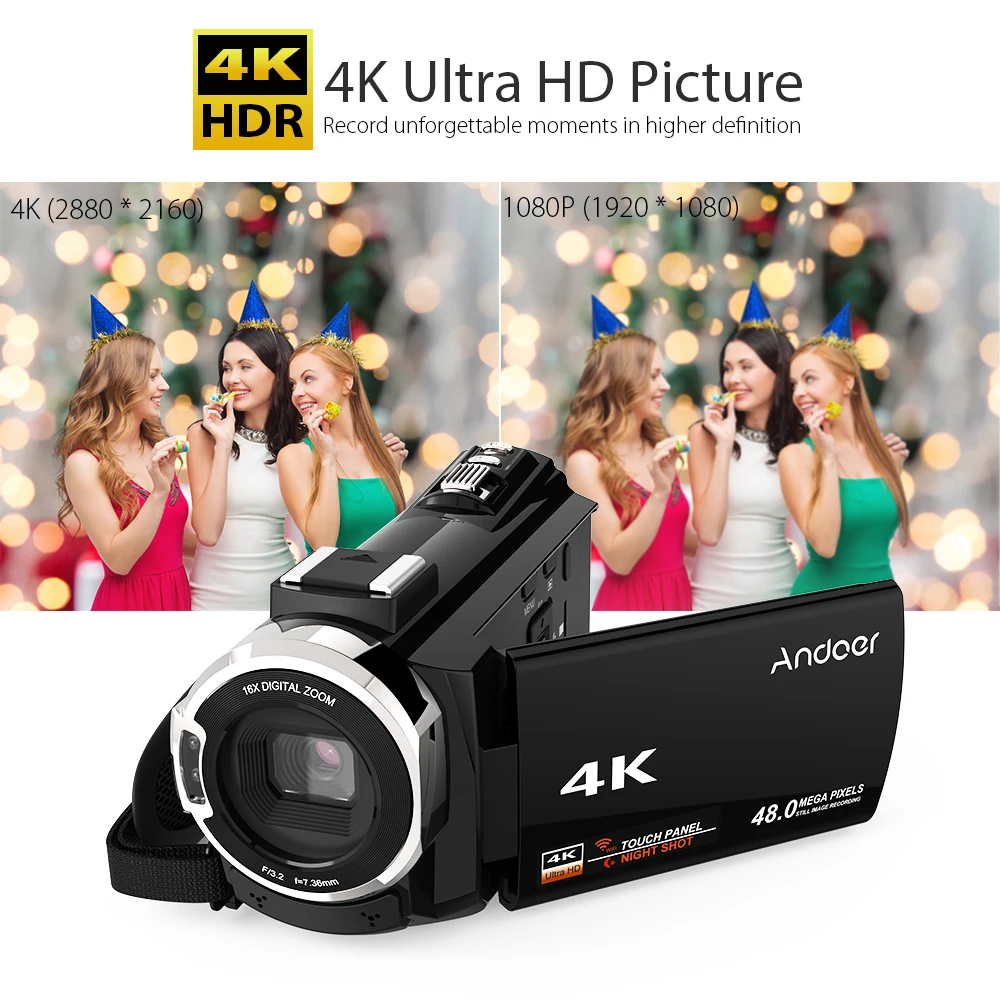 Andoer WiFi цифровая видеокамера 4K 1080P 48MP камера видеокамера рекордер с 2 перезаряжаемыми батареями 0.39X широкоугольный объектив микрофон