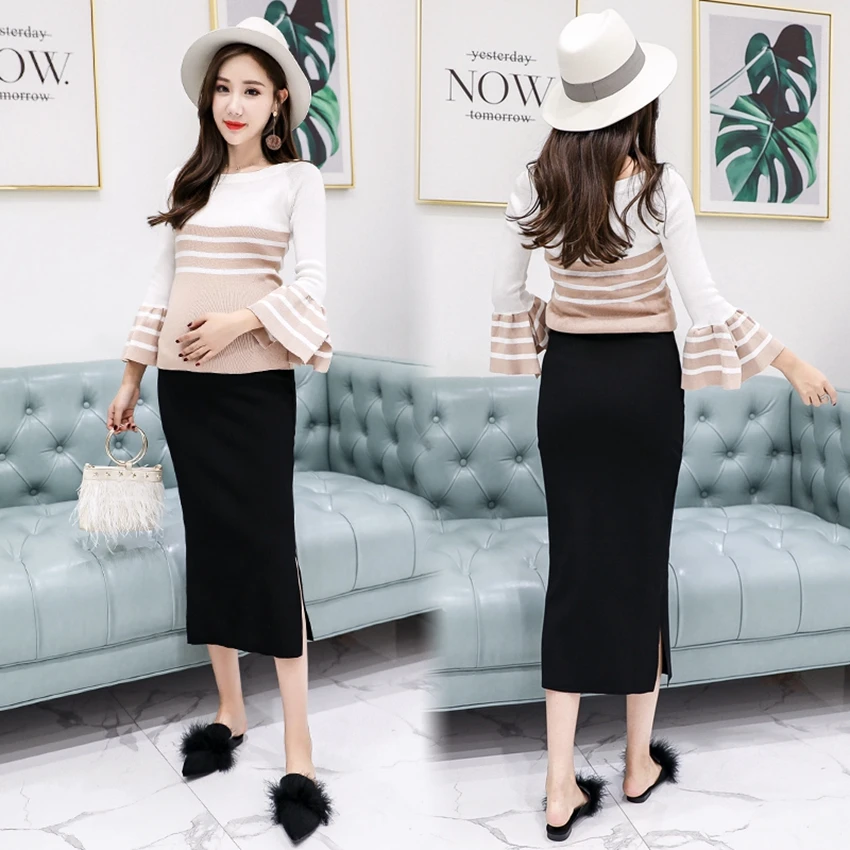 Maternity dress skirt spring and autumn pure cotton mid-length knitted split skirt fashion all-match bag hip