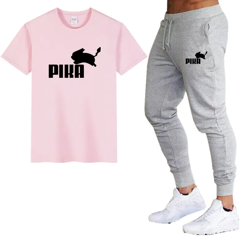 5Pink gray Летние популярные мужские комплекты новые футболки с принтом пика+ штаны комплекты из двух предметов Повседневный Спортивный костюм Мужская Повседневная футболка тренажерные залы Фитнес Брюки - Цвет: 5Pink gray
