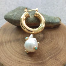 Real Freshwater Pearl Dangle Earrings Handmade Inlaid Blue Stone Ladies Exquisite Fashion Accessories oorbellen Bohemian Hoops
