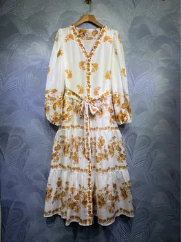 

2020 runway designer women yellow floral printed v-neck dresses belt long sleeve single breasted holiday long dress y311