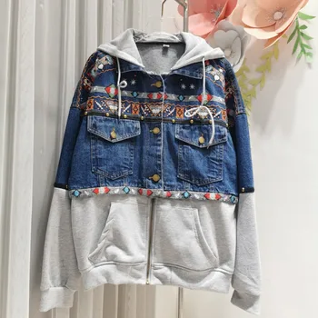 

SuperAen Embroidery National Style Jeans Coat 2020 Autumn New Fashion Splicing Hooded Denim Jacket Women Blouse