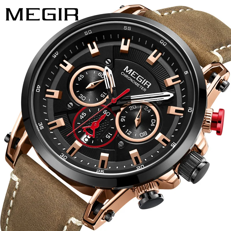 

Megir Men's Watches Fashion Military Multi-function Sports Men Watch Leather Strap Date Men Quartz Wristwatch Relogio Masculino