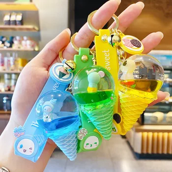 

Cute Cartoon Crystal Ice Cream Keychains Moving Liquid Quicksand Drift Bottle Keychain Women Bag Car Pendant Keyring Lover Gift