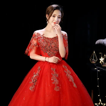 Vestido de novia rojo a la moda 2019, oro nuevo, encaje, flor, novia cuello Barco, rojo simple, boda