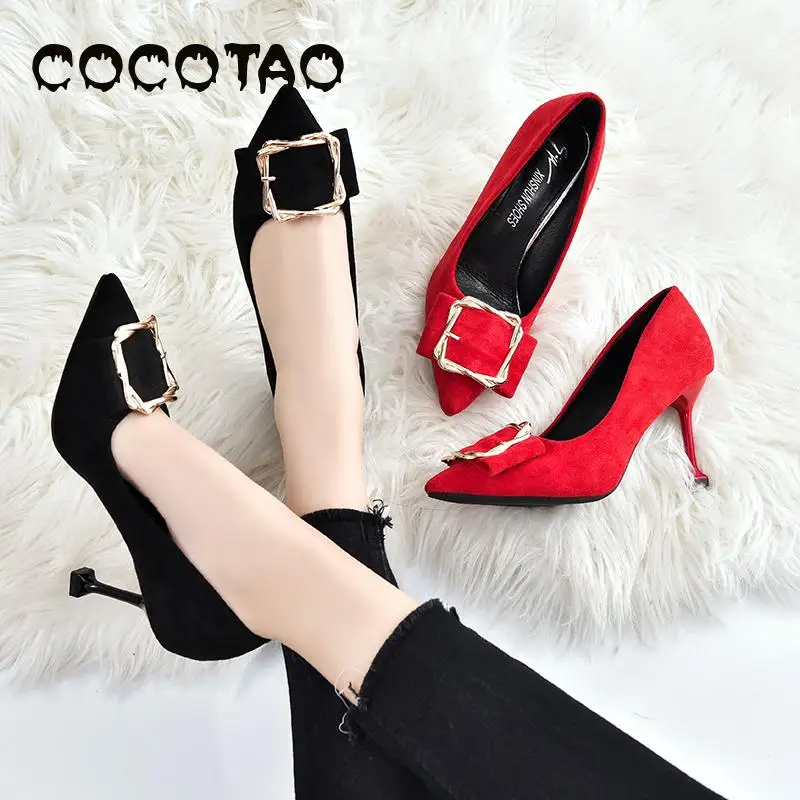 

2019 Autumn Korean Version Of The New Shallow Mouth Suede Square Buckle Stiletto Heels Single Shoes Women's Shoes Black Wild