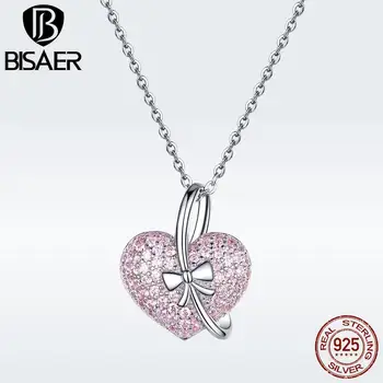 

BISAER Authentic 925 Sterling Silver Pink Stone Love Heart Pendant Necklace For Women Fashion Chain link Collier Bijoux GAN049