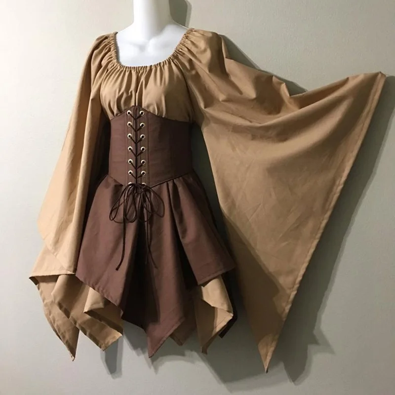 Плюс размер женский средневековый костюм Лесной древесины платье Эльф сказочный, фантастический Пояс Cincher корсет набор топ и рваные юбки