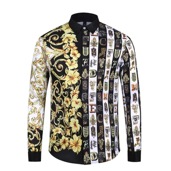 

2019 New Arrival Men Shirts Luxury Fashion Dress Shirt Golden Floral and Letter Print Long Sleeve Casual Slim Fit Hawaiian Shirt