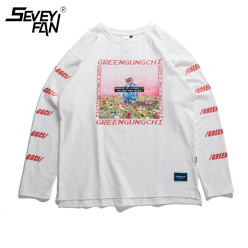 

Streetwear T Shirt Men Garden Printed Long Sleeve Oversized Cotton T-Shirt White Black Casual Top Tees Couples O-Neck R1790