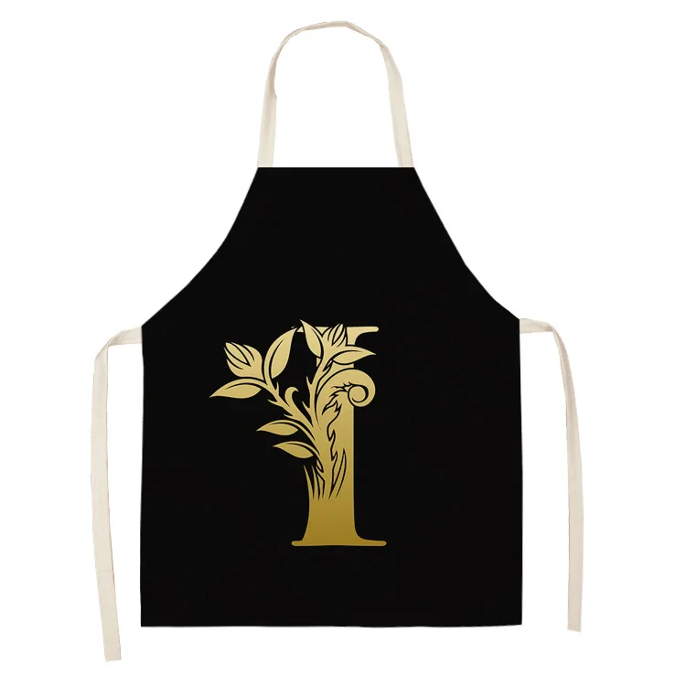 Customized Letter Apron Black Golden Flower Kitchen Aprons for Women Cotton Linen Bibs Household Cleaning Pinafore Home Cooking