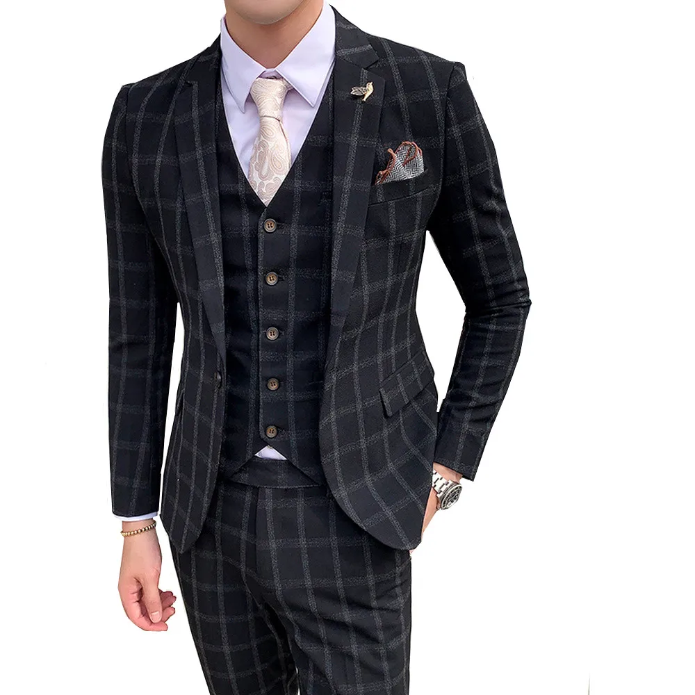 

Men Suits 2019 Slim Fit Male Blazers (Jacket+Pant+Vest) 3 Piece lattice Suit Wedding Suits Business Formal Party Classic Coats