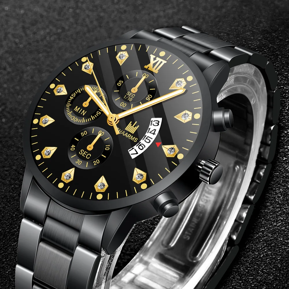 2021 Luxury Brand SHAARMS Alloy Strap Men's Watch Diamond Waterproof Quartz Watch for Men's Analog Three-eye Calendar Male Clock