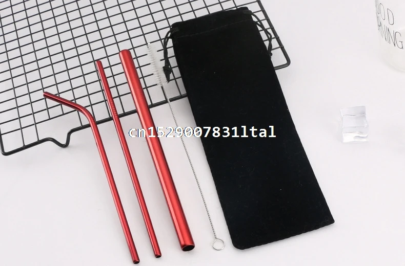 10set 304 Stainless Steel Straw Metal Straws 215*6mm Reusable Straw Drinking Straws Set Brush Bag 4pcs/set