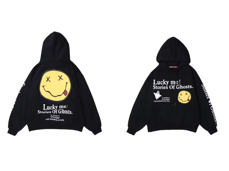 GONTHWID Lucky Me Smile Face Print Fleece Hooded Sweatshirts Hoodies Harajuku Fashion Casual Pullover Tops Streetwear Hip Hop