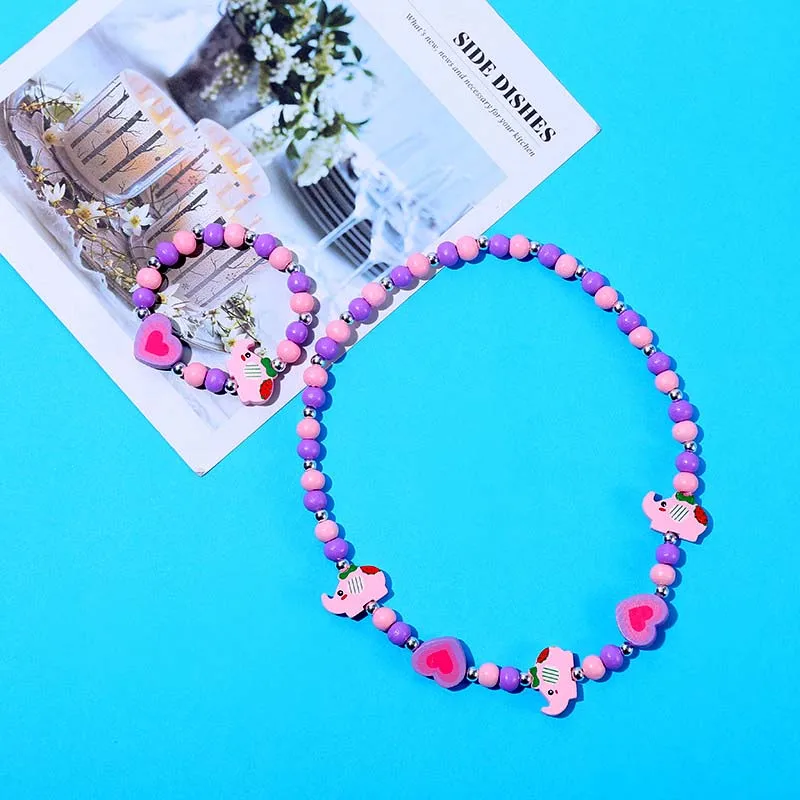Charming Cartoon Animal and Flower Jewelry Set for Kids - Adorable Sweater Necklace and Bracelet Gift