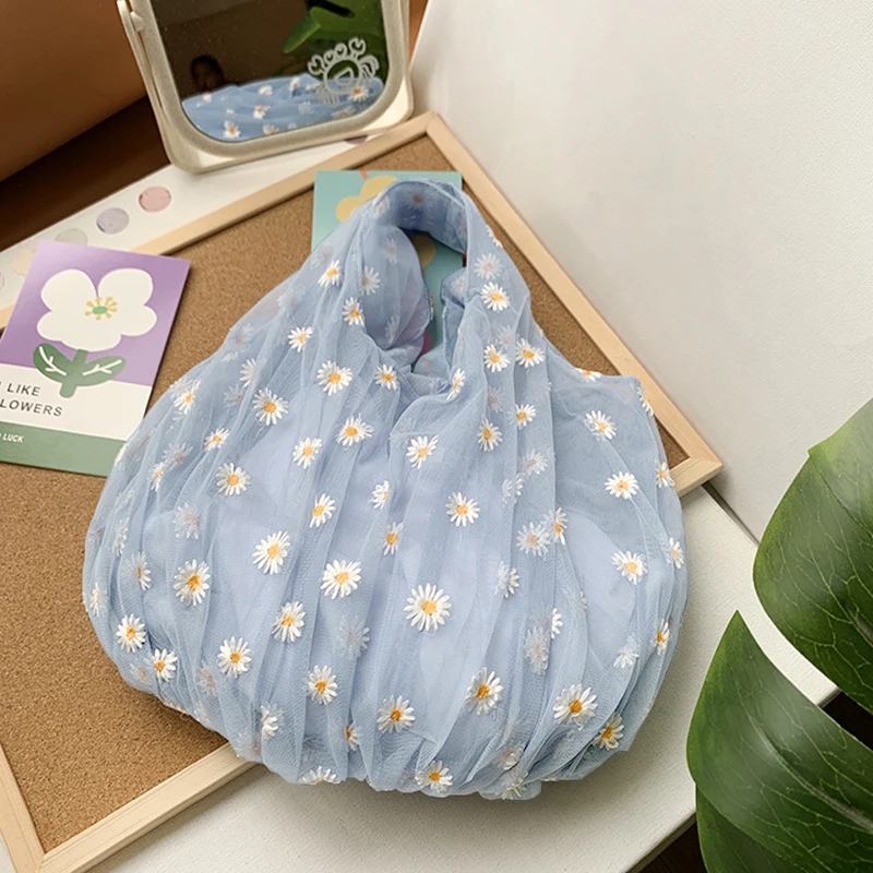 

2020 Spring Women Small Transparent Tote Mesh Cloth Bag Daisy Embroidery Handbag High Quality Eco Fruit Bag Purse For Girls