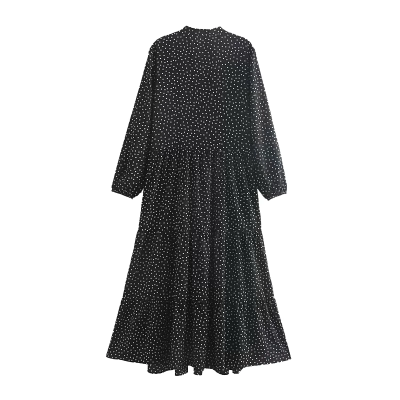 

Women Retro Polka Dots Black Maxi Long Sleeve O Neck Female Casual Vintage Ankle Length Dresses FFZYQ493