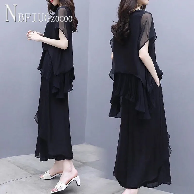 2020 Summer Plus Size Chiffon Women Sets Blouse And Wide Leg Pants Female Sets matching top and trousers set Women's Sets