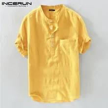  INCERUN Summer Casual Men Shirts Stand Collar Solid Cotton Blouse Short Sleeve Streetwear Brand Shirts Harajuku Camisas Hombre 