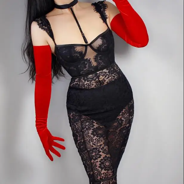red 70cm Женские Модные Украшенные жемчужными бусинами тонкие бархатные перчатки для сенсорного экрана дамские вечерние длинные эластичные перчатки 60 см R2376 - Цвет: red 70cm