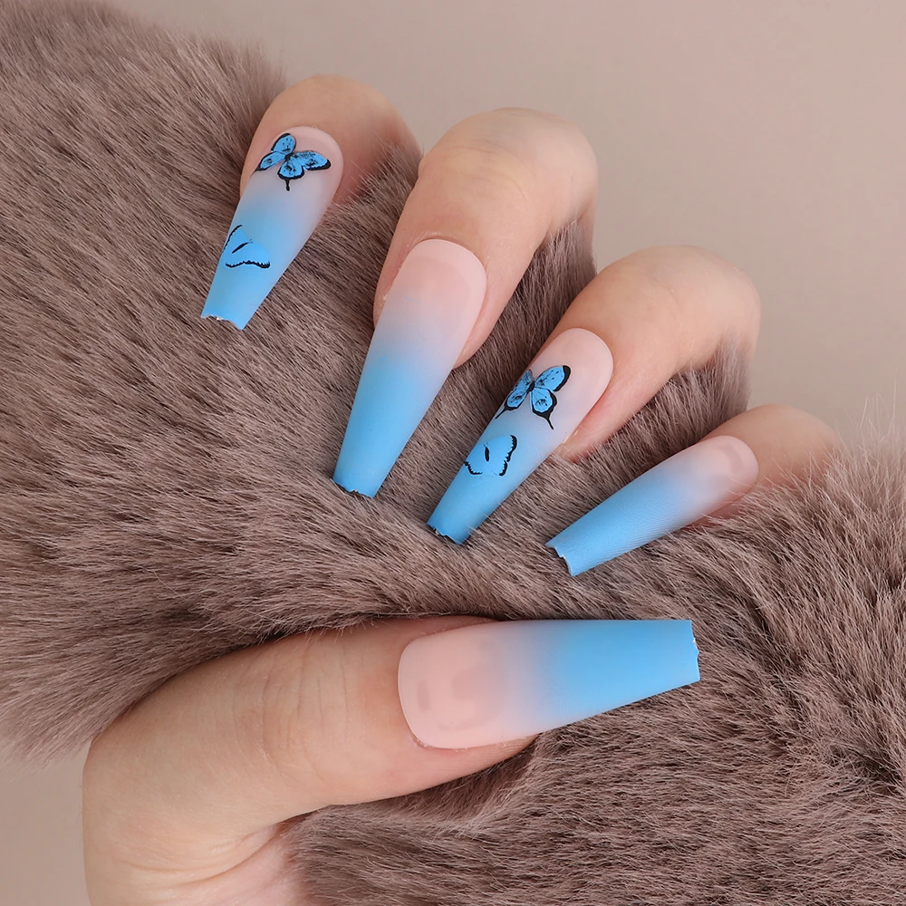 24pcs Matte False Nails With Pink Blue Gradient Butterfly Designs Fake Nails Long Ballet Flase Nails Artificial Manicure Patch Aliexpress Beauty Health