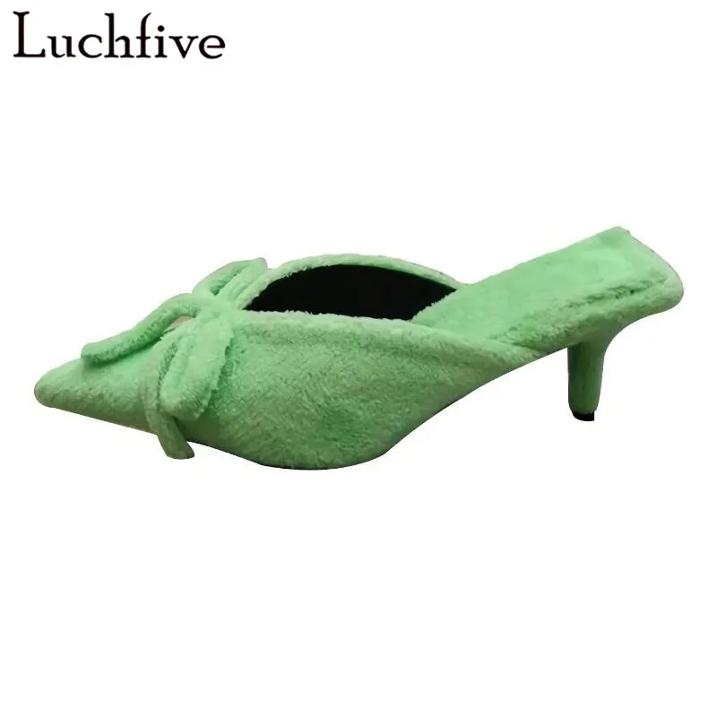 

Bowknot Pointy Toe Beach Slippers Kitten Heels Green Shoes Woman Runaway Summer Slides Ladies Shoes Zapatos De Mujer