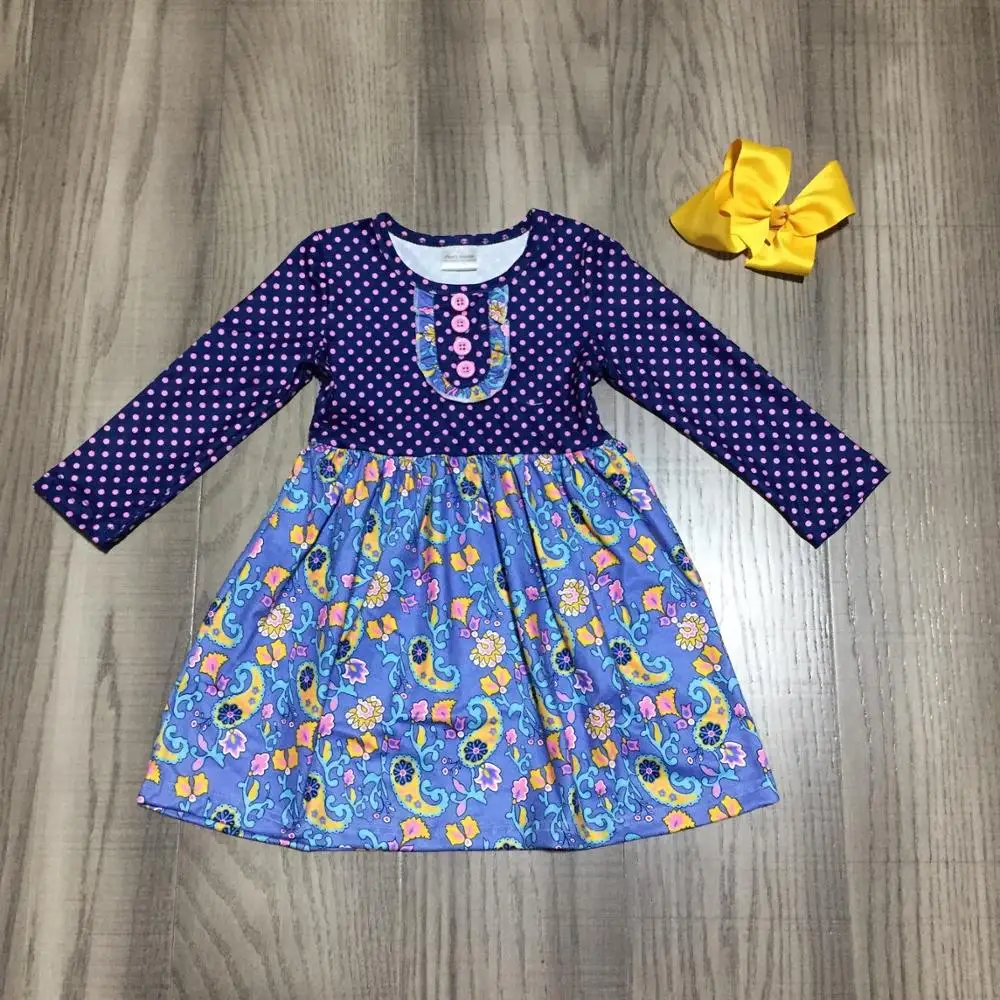 Весенне-зимнее хлопковое платье из молочного шелка для маленьких девочек; детская одежда в темно-синий горошек с цветочным принтом; эксклюзивные аксессуары до колена
