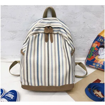 

Canvas Vertical Stripe Backpack Student School Bag Large Capacity Lightweight Casual Wild Girl School Bag Travel Backpack