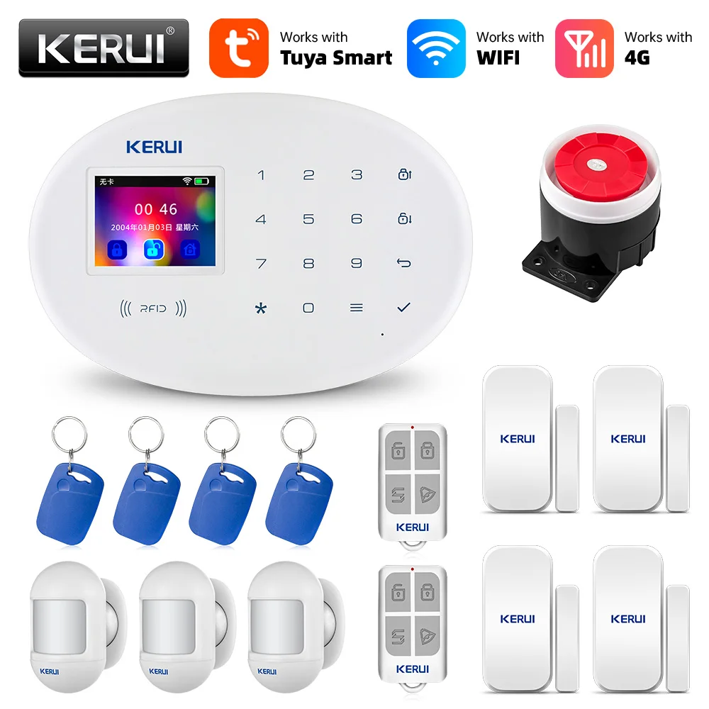 sound alarm device KERUI Tuya WIFI GSM 4G Smart Home Security Alarm System RFID APP Wireless Siren Sensor Detector IP Camera Sistema de alarmas security led lights Alarms & Sensors