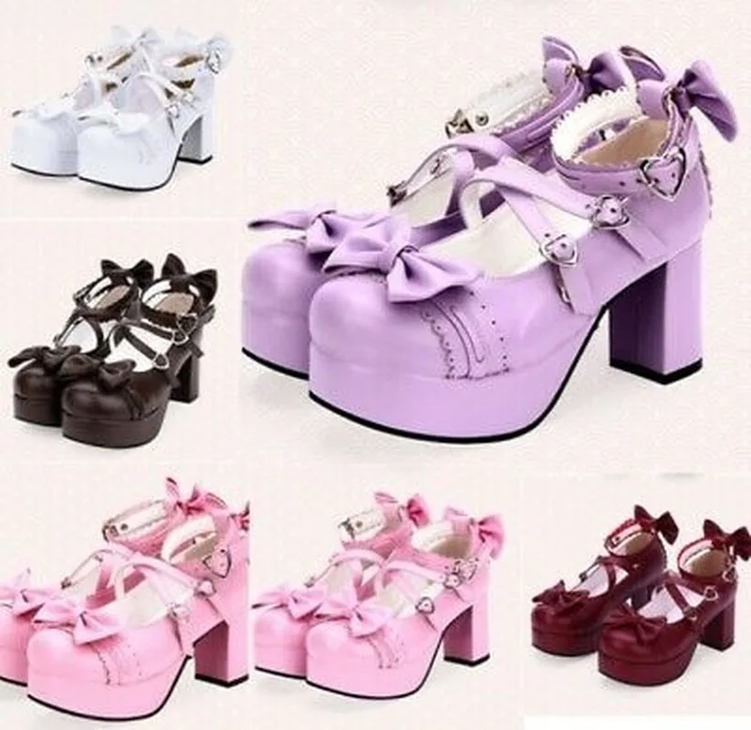 

Many Jane Lolita Women Platform Buckle Strap Bowknot Decor High Block Heel Shoes Pumps Sweet Cosplay Plus Size 8Colors A1581