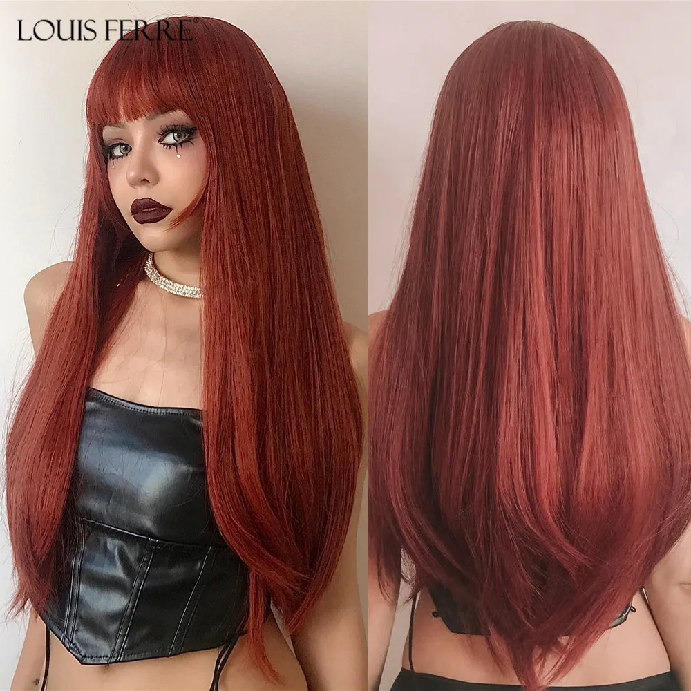 Louis Ferre Parrucche Per Capelli Rossi Vino Dall'Aspetto Naturale Lolita Parrucche Sintetiche Lunghe Dritte Con Frangia Per Parrucche Per Feste Cospl