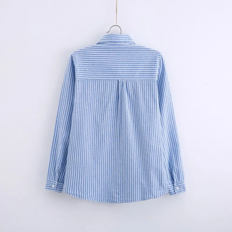 Брендовая полосатая блузка офисная формальная Femme Blusas Женская Топ с длинным рукавом Повседневная однотонная хлопковая рубашка с вышивкой Рубашки с вышивкой