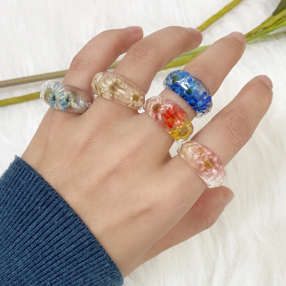 Finger ring Lost Lady Fashion Transparent Chunky Epoxy Resin Rings Cute Multicolor Dried Flower Finger Rings for Women Party Jewelry Gifts
