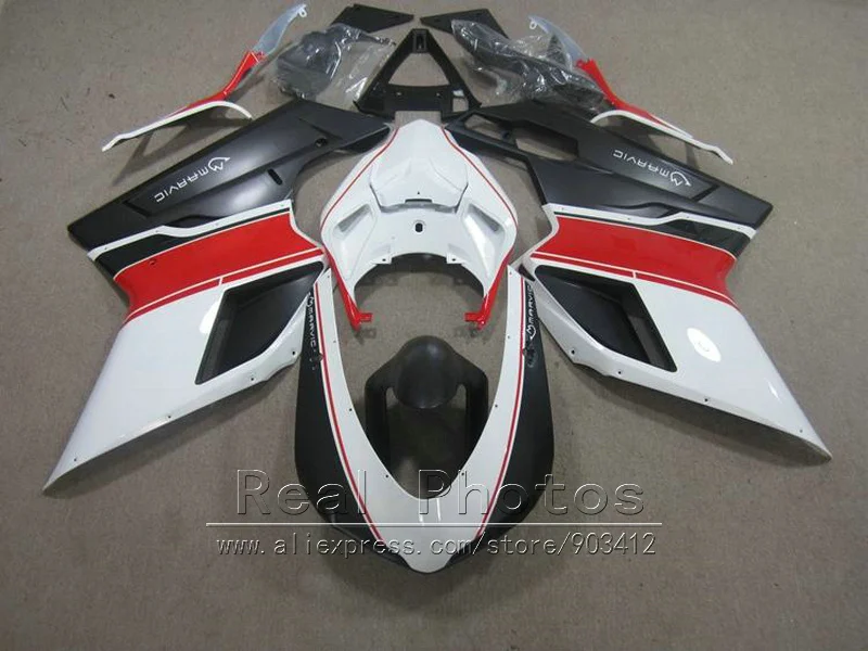 Бесплатная 7 подарков Обтекатели для Ducati 848 1098 1198 07 08 09 10 11 белый черный комплект