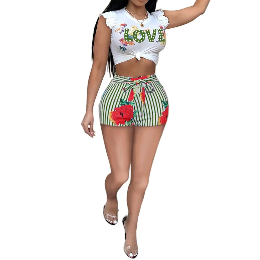 2018-Two-Piece-Set-Women-Love-Print-Casual-Tracksuit-Sleeveless-Tops-And-Striped-Short-Matching-Suits (3)