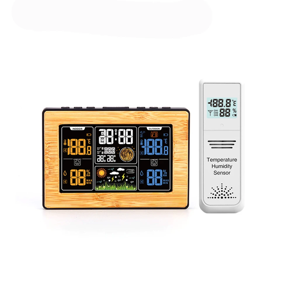 

Wireless Weather Station Pt201b Color Screen Bamboo Surface Multifunctional Temperature LCD Display Temperature Meter